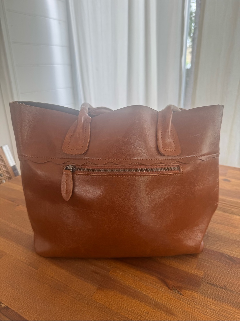 Artisan Brown Leather Tote with Front Zip Pocket